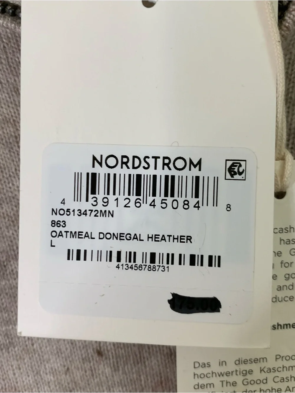 Nordstrom Mens 100% cashmere oatmeal donegal 1/4 zip up sweater L NWT